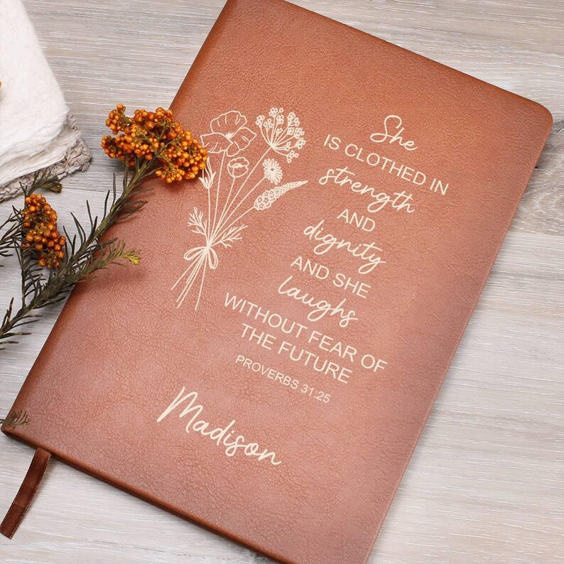 Personalized Vegan Leather Prayer Journal, Proverbs 31:25 image 9