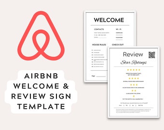Airbnb Welcome Sign and  Review Rating Sign, VRBO Vacation Rental, Editable Airbnb Signs 2 in 1 Template