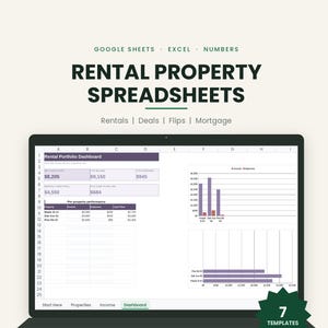 May include: A digital rental property spreadsheet template for Google Sheets, Excel, and Numbers. The screen displays a Rental Portfolio Dashboard with financial data, bar charts, and tables. A green badge indicates 7 templates are included.
