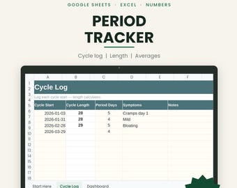 Period Tracker Spreadsheet | Google Sheets Menstrual Cycle Log with Cycle Length, Symptoms and Averages Dashboard