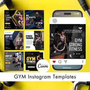 Fitness Instagram Canva Template Posts Editable on Canva | 70 Social Media Graphics | Black Gym Templates