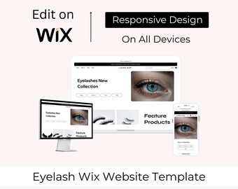 May include: A website template for an eyelash business, featuring a desktop and mobile view of the site. The site has a white background with a blue and white eye image, text that says "Eyelashes New Collection", and a section labeled "Feature Products".