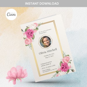 May include: A white card with a gold border and pink floral design. The card announces the passing of Olivia Mitchell, with dates of birth and death. It also includes information about a funeral service to be held on July 23, 2023 at 5 PM.