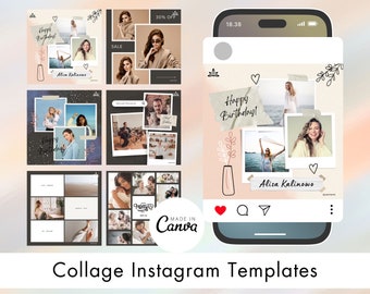 May include: A collage of nine Instagram templates with different layouts and designs. The templates feature photos of people, text, and graphics. The templates are designed for use on social media.
