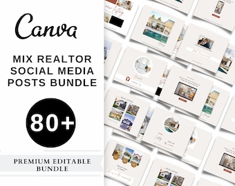 May include: A digital bundle of over 80 editable social media templates for real estate agents, featuring the text Canva, MIX REALTOR SOCIAL MEDIA POSTS BUNDLE, 80+, and PREMIUM EDITABLE BUNDLE, displayed alongside various real estate post examples.