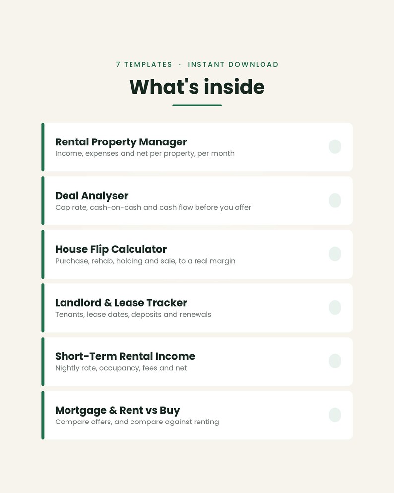 May include: A digital document titled What's inside listing 7 templates including Rental Property Manager, Deal Analyser, House Flip Calculator, Landlord & Lease Tracker, Short-Term Rental Income, and Mortgage & Rent vs Buy for real estate tracking.
