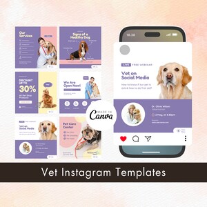 May include: A set of six Instagram templates for a veterinary clinic. The templates feature images of dogs and cats, and include text such as "Our Services", "Signs of a Healthy Dog", "Discount Up to 30%", "We Are Open Now!", "Vet on Social Media", and "Pet Care Center".