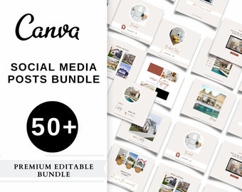 Puede incluir: Un paquete digital de más de 50 plantillas editables para publicaciones en redes sociales sobre bienes raíces. El gráfico muestra el texto Canva, SOCIAL MEDIA POSTS BUNDLE, 50+ y PREMIUM EDITABLE BUNDLE, junto a una cuadrícula de diseños beige.