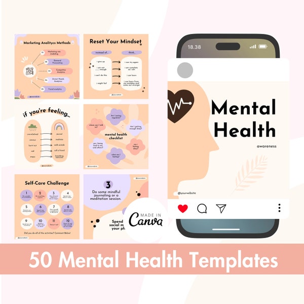 Mental Health Instagram Canva Templates Social Media Posts For Mental Health Self Care Instagram Template Posts Well Being Templates