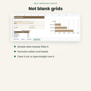 May include: A digital spreadsheet interface titled Deal Snapshot featuring pre-filled financial data, a bar chart, and tabs labeled Start Here, Inputs, Analysis, and Dashboard. Text reads Real Working Sheets, Not blank grids, and bullet points.