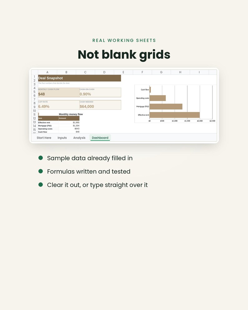May include: A digital spreadsheet interface titled Deal Snapshot featuring pre-filled financial data, a bar chart, and tabs labeled Start Here, Inputs, Analysis, and Dashboard. Text reads Real Working Sheets, Not blank grids, and bullet points.