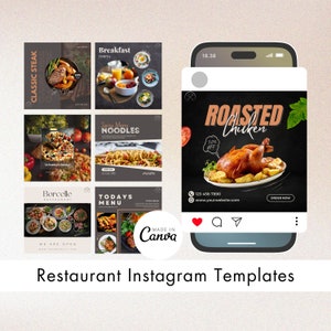 Restaurant Business Canva Templates Bundle Kit, Food Marketing Vorlagen, Canva Bearbeitbare Instagram Post Vorlagen für Geschäftsinhaber