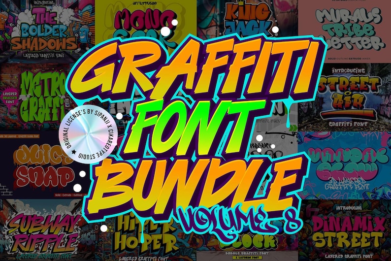 May include: A collection of 8 graffiti font bundles. The fonts are in a variety of styles, including bold, bubbly, and layered. The fonts are all in bright colors, including yellow, green, blue, red, and pink. The text "GRAFFITI FONT BUNDLE VOLUME 8" is in large, bold letters.