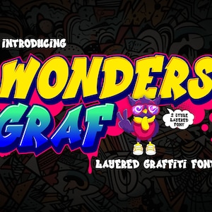 May include: Introducing Wonders Graf, a layered graffiti font with two styles. The font is displayed in a colorful, cartoonish style with a pink, blue, and green color scheme. The word "Wonders" is in yellow with a blue outline, and the word "Graf" is in a gradient of pink, blue, and green. A cartoon owl with pink, purple, and yellow accents is featured in the image.