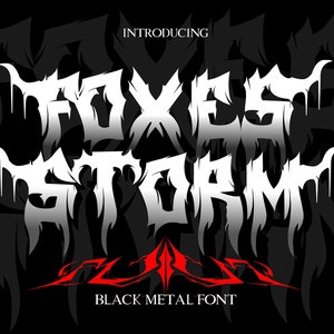 May include: Black metal font design featuring the text "Foxes Storm" in white with a red "ZULU" underneath. The text is in a bold, jagged, and dripping style.