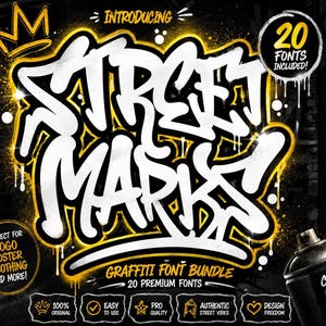 May include: A black and yellow graphic advertising a graffiti font bundle named "Street Marks." The design features spray paint cans, a crown, and the text "20 Fonts Included!" The bundle is suitable for logos, posters, and clothing.