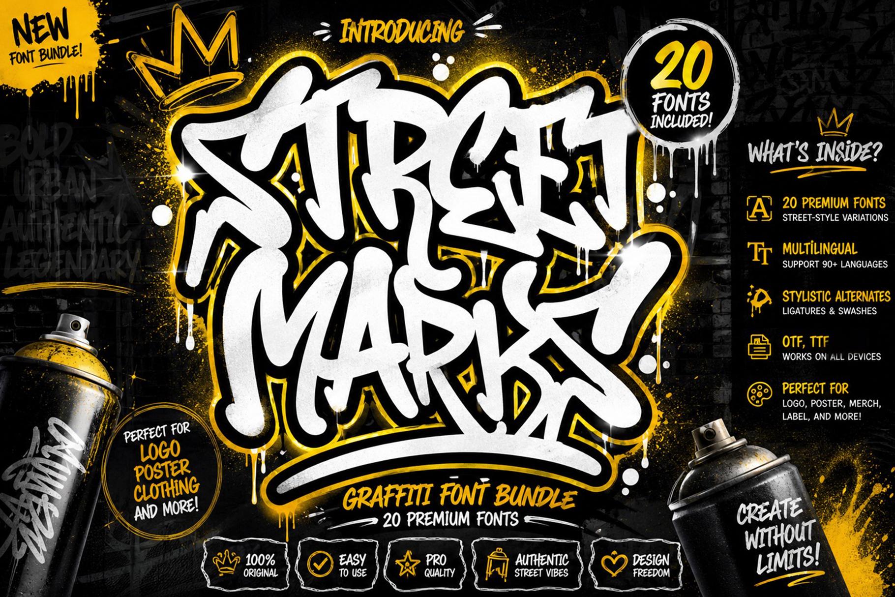20 Monoline Graffiti Fonts Bundle: Streetwear Fashion (OTF, TTF