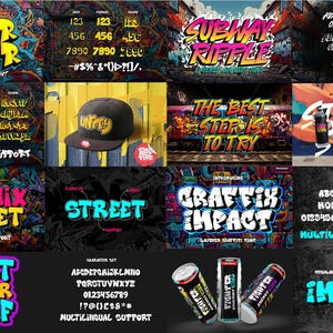 May include: A collection of eight different graffiti-style fonts, each with a unique design and color scheme. The fonts are displayed on a variety of backgrounds, including a yellow brick wall, a blue and green graffiti wall, and a black and white checkered background. The fonts are all uppercase and include letters, numbers, and symbols. The fonts are perfect for creating eye-catching designs for t-shirts, posters, logos, and more.
