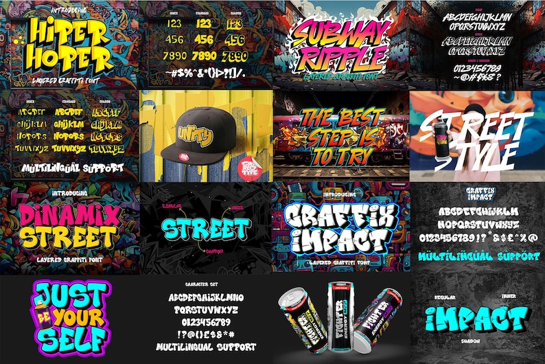 May include: A collection of eight different graffiti-style fonts, each with a unique design and color scheme. The fonts are displayed on a variety of backgrounds, including a yellow brick wall, a blue and green graffiti wall, and a black and white checkered background. The fonts are all uppercase and include letters, numbers, and symbols. The fonts are perfect for creating eye-catching designs for t-shirts, posters, logos, and more.