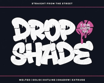 May include: A graphic design featuring the words "DROP SHADE" in a white graffiti font with dripping effects. The text is set against a dark blue background, with the words "STRAIGHT FROM THE STREET" at the top and "5 Style Graffiti Font" in a pink circle.