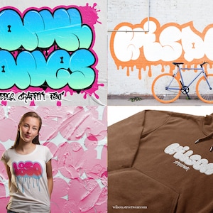 May include: A graphic design font called "Bubble Graffiti Font" with the word "NOW" in blue and green and the word "ONCE" in blue and turquoise. The font is in a bubble style with drips of paint. The font is shown on a white t-shirt, a brown hoodie, and a brick wall with a bicycle.
