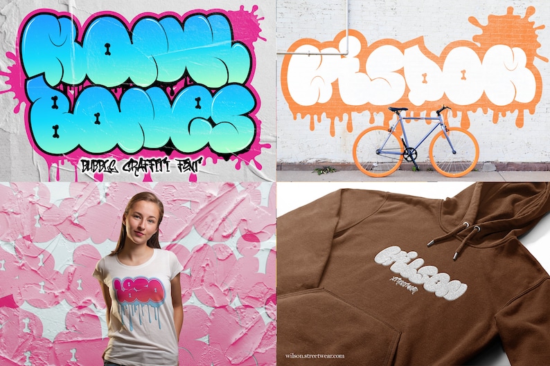 May include: A graphic design font called "Bubble Graffiti Font" with the word "NOW" in blue and green and the word "ONCE" in blue and turquoise. The font is in a bubble style with drips of paint. The font is shown on a white t-shirt, a brown hoodie, and a brick wall with a bicycle.