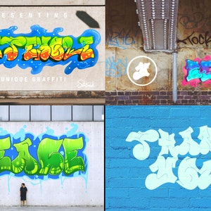 May include: A collection of four images showcasing different styles of graffiti art. The first image features the word "STREET" in a colorful, bubbly font. The second image features the word "FRESH" in a similar style. The third image features the word "PEACE" in a green and blue font. The fourth image features the word "THUG LIFE" in a light blue font.
