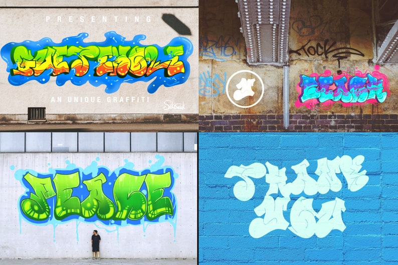 May include: A collection of four images showcasing different styles of graffiti art. The first image features the word "STREET" in a colorful, bubbly font. The second image features the word "FRESH" in a similar style. The third image features the word "PEACE" in a green and blue font. The fourth image features the word "THUG LIFE" in a light blue font.