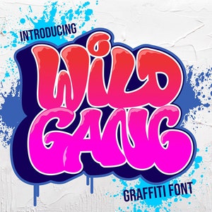 May include: Introducing Wild Gang Graffiti Font, a bold and colorful font design with a graffiti style. The font is in pink, red, and blue with white outlines. The text is on a white textured background.
