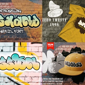 May include: A set of four images showcasing a graffiti font called "Wild World". The font is displayed on a brick wall background. The images show the font used on a t-shirt, a baseball cap, and in a graphic design. The font is bold and colorful, with a 3D effect.