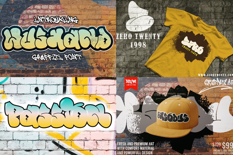 May include: A set of four images showcasing a graffiti font called "Wild World". The font is displayed on a brick wall background. The images show the font used on a t-shirt, a baseball cap, and in a graphic design. The font is bold and colorful, with a 3D effect.