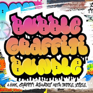 Może przedstawiać: Cyfrowy plik do pobrania alfabetu graffiti 4DX w stylu bąbelkowym. Obraz przedstawia kolorową czcionkę w stylu bąbelkowym z efektami kroplą farby. Tekst brzmi "Bubble Graffiti Bundle".