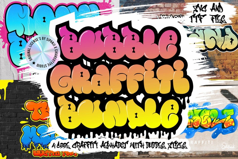 May include: A digital download of 4DX Graffiti Alphabet with Bubble Style. The image shows a colorful, bubble-style font with dripping paint effects. The text reads "Bubble Graffiti Bundle".