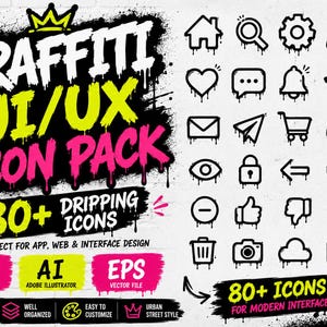 Peut inclure: Un pack d'icônes UI/UX de style graffiti avec plus de 80 icônes dégoulinantes. La conception comprend des icônes pour la conception web et d'interface, avec le texte "GRAFFITI UI/UX ICON PACK" en blanc, jaune et rose. Le pack comprend des fichiers vectoriels SVG, AI et EPS.