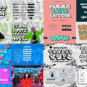 May include: A collection of 10 different font designs in various styles, including graffiti, bubble, and tribal. Each font is displayed on a colorful background with a unique design. The fonts are all uppercase and include letters, numbers, and symbols.