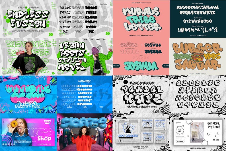 May include: A collection of 10 different font designs in various styles, including graffiti, bubble, and tribal. Each font is displayed on a colorful background with a unique design. The fonts are all uppercase and include letters, numbers, and symbols.