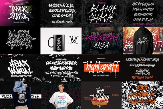 20 Monoline Graffiti Fonts Bundle: Streetwear Fashion (OTF, TTF