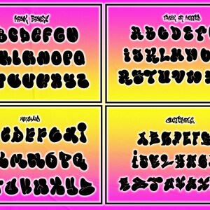 May include: Four different styles of bubble letter alphabet designs in black on a pink and yellow gradient background. The styles are labeled "Monk Bongx", "Thick or Healed", "Mushand", and "Chustence".