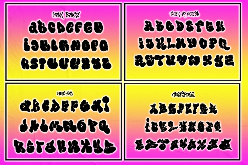 May include: Four different styles of bubble letter alphabet designs in black on a pink and yellow gradient background. The styles are labeled "Monk Bongx", "Thick or Healed", "Mushand", and "Chustence".