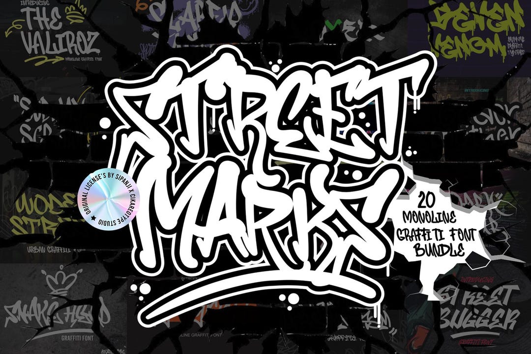 20 Monoline Graffiti Fonts Bundle: Streetwear Fashion (OTF, TTF