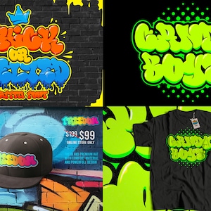 May include: A colorful graffiti font design with the words "Trick or Treat" and "Graffiti Font" in a dripping style. The font is suitable for logos. The design is shown on a brick wall, a t-shirt, and a baseball cap.