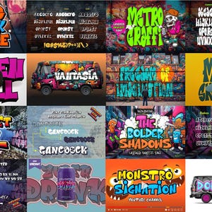 May include: A collection of 10 different graffiti-style fonts, each with a unique design and color scheme. The fonts are displayed on a variety of backgrounds, including brick walls, vans, and other urban settings. The fonts are all uppercase and feature bold, rounded letters. The fonts are perfect for creating eye-catching designs for t-shirts, posters, and other projects.