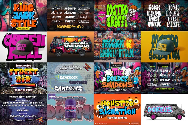 May include: A collection of 10 different graffiti-style fonts, each with a unique design and color scheme. The fonts are displayed on a variety of backgrounds, including brick walls, vans, and other urban settings. The fonts are all uppercase and feature bold, rounded letters. The fonts are perfect for creating eye-catching designs for t-shirts, posters, and other projects.
