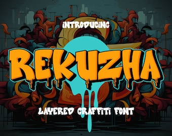 May include: Introducing Rekuzha, a layered graffiti font with a dripping effect. The font is orange and yellow with a blue background.