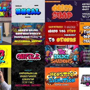 May include: A collection of colorful, cartoon-style fonts with bubble-like lettering. The fonts are displayed on a variety of backgrounds, including graffiti, brick walls, and abstract patterns. The fonts are designed for use in graphic design, branding, and other creative projects.