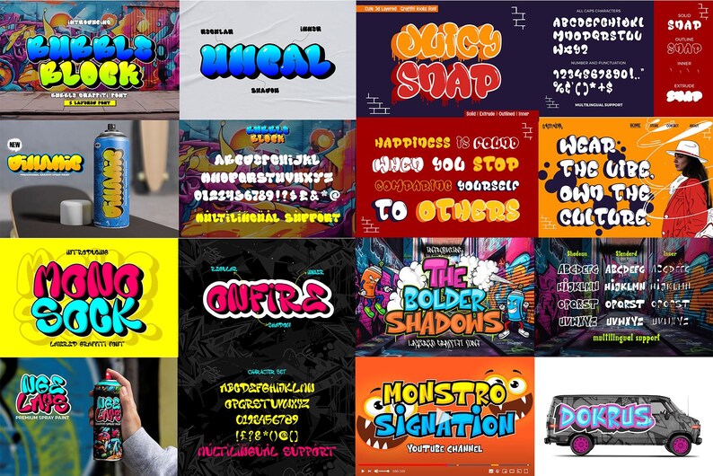 May include: A collection of colorful, cartoon-style fonts with bubble-like lettering. The fonts are displayed on a variety of backgrounds, including graffiti, brick walls, and abstract patterns. The fonts are designed for use in graphic design, branding, and other creative projects.
