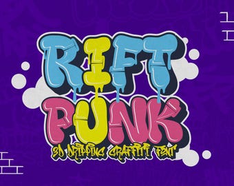 May include: A vibrant graphic design featuring the words "RIFT PUNK" in a graffiti style font. The text is in blue, yellow, and pink with black outlines and dripping effects. The background is purple with white accents.