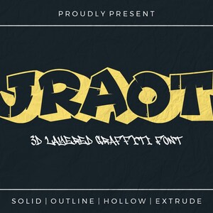 May include: A graphic design featuring the word "JRAOT" in a 3D layered graffiti font style, with a yellow and black color scheme. The text "3D LAYERED GRAFFITI FONT" is below the main text, with options for solid, outline, hollow, and extrude.