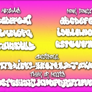 May include: A white alphabet font with bubble-like letters in a graffiti style. The font is shown in three different sizes, with the words "NURHAND", "MONK BONG", and "ARTEMELE" written in the font. The words "THICK OR MESTED" are written in a smaller font below the alphabet.