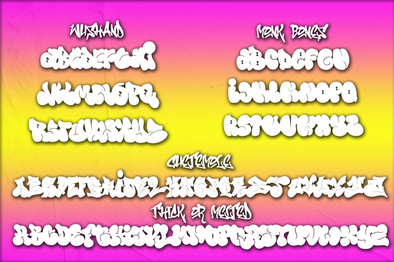 May include: A white alphabet font with bubble-like letters in a graffiti style. The font is shown in three different sizes, with the words "NURHAND", "MONK BONG", and "ARTEMELE" written in the font. The words "THICK OR MESTED" are written in a smaller font below the alphabet.